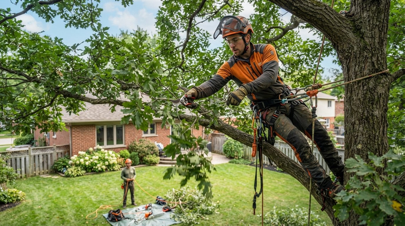 Arborist trimming a tree branch in a residential yard