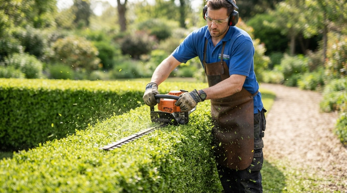 Landscaper shaping a neatly trimmed green hedge row