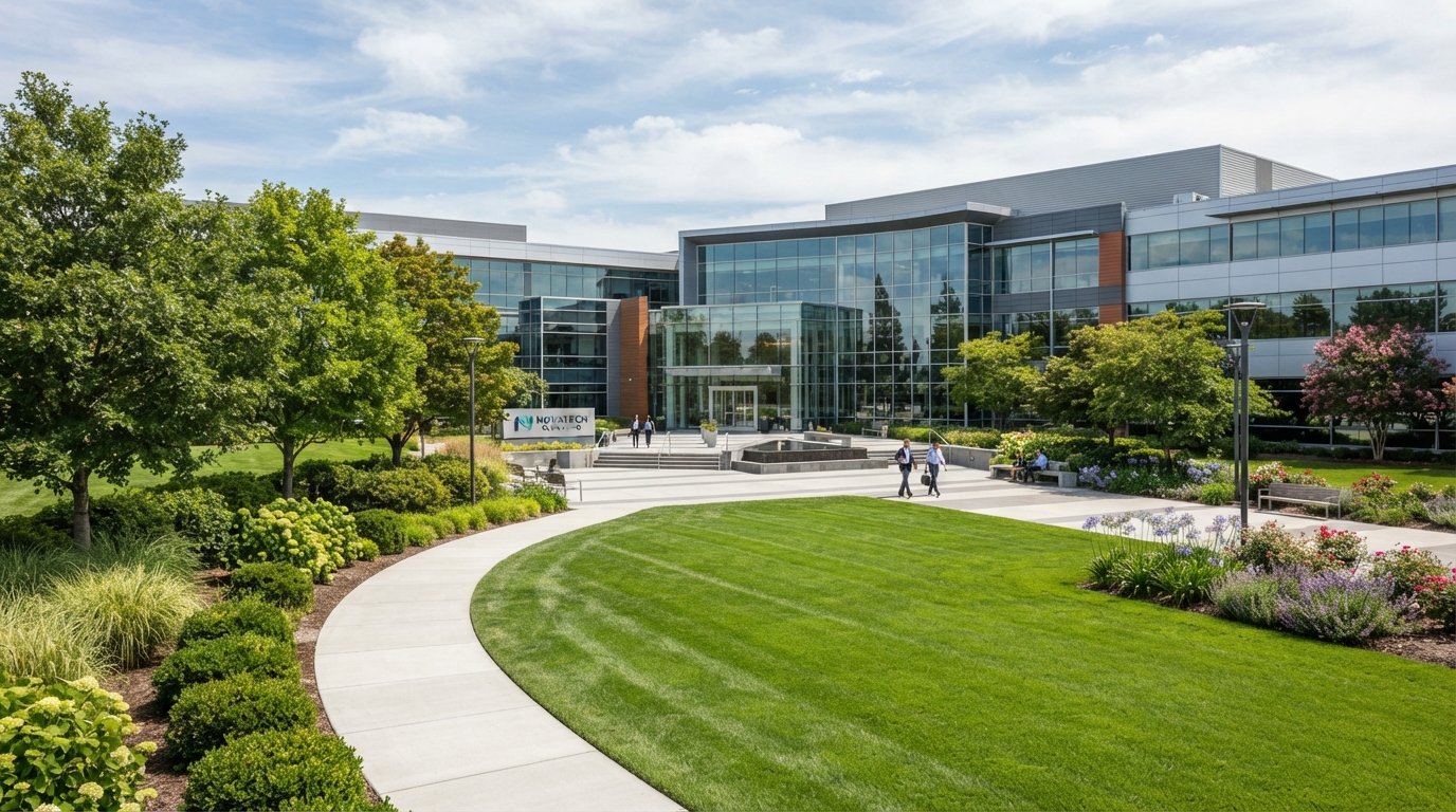 Professionally landscaped grounds outside a modern office building