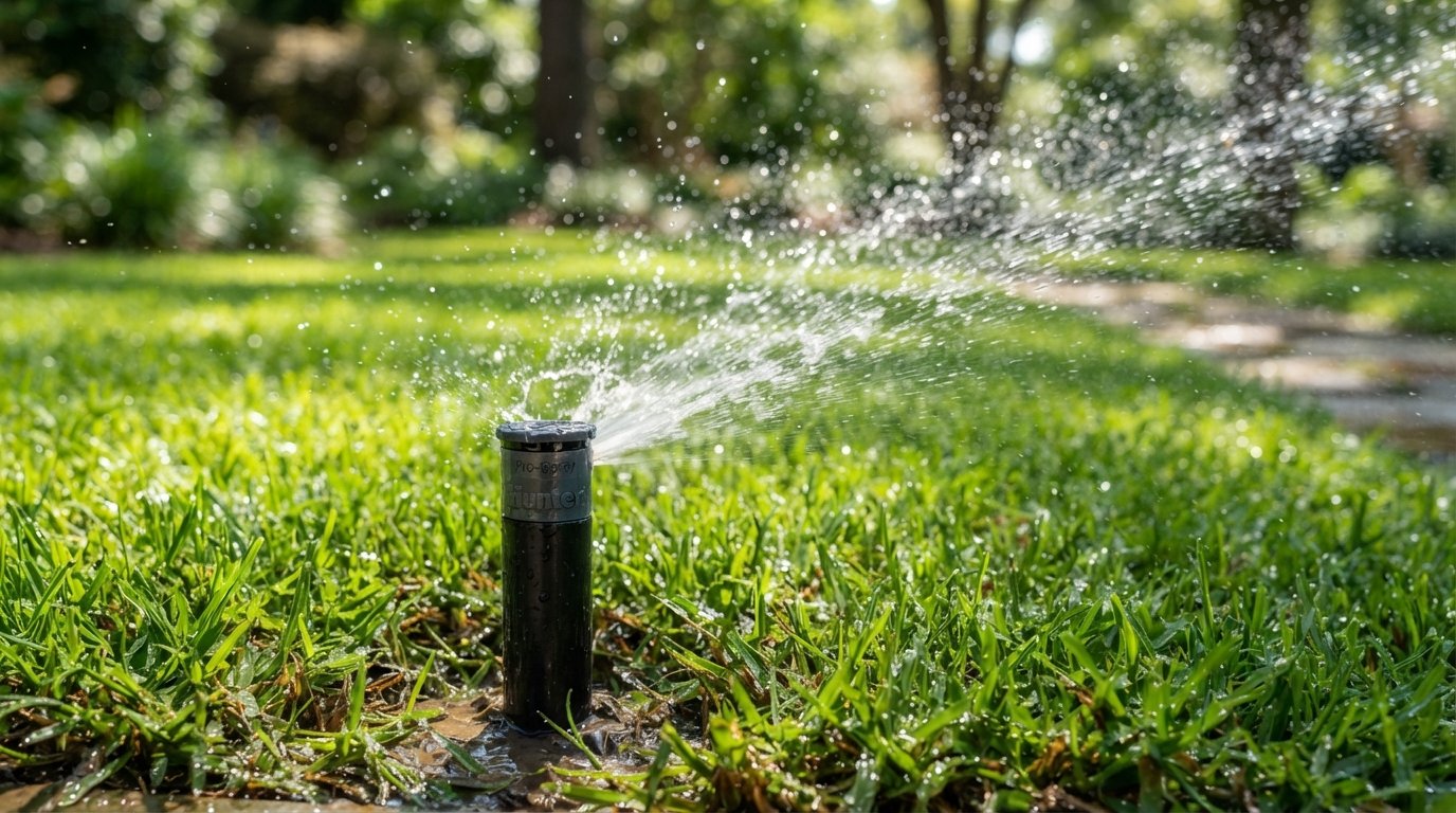 Sprinkler head watering a green lawn