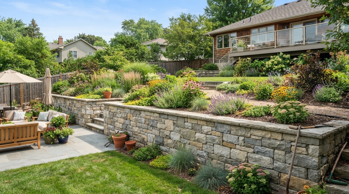 Stone retaining wall with terraced garden bed in a backyard