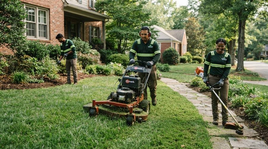 GreenScape Pro landscaping crew working on a residential lawn