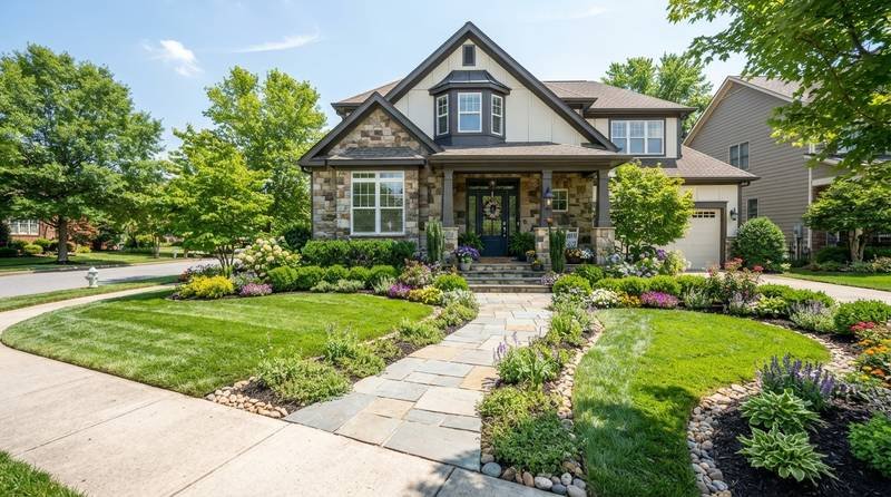 Landscaped front yard with lush lawn and flower beds