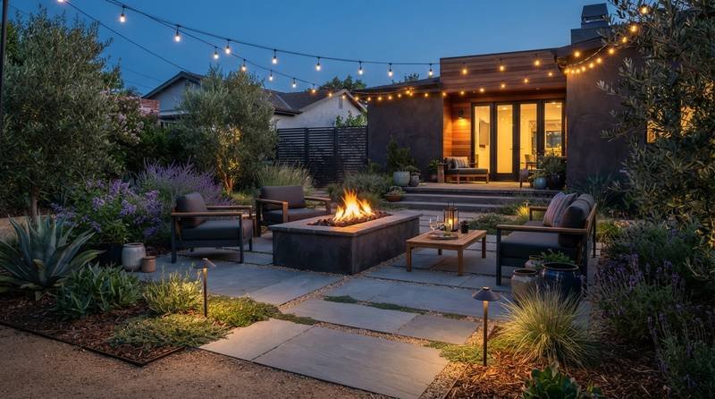 Backyard patio with fire pit and string lights at dusk