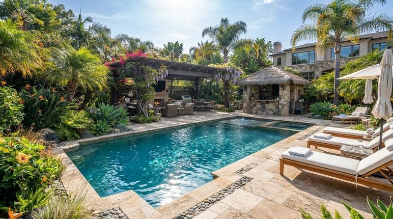 Poolside landscape with stone decking and tropical plantings