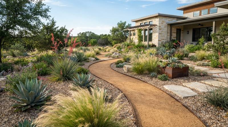 Xeriscape garden with native plants and gravel pathways