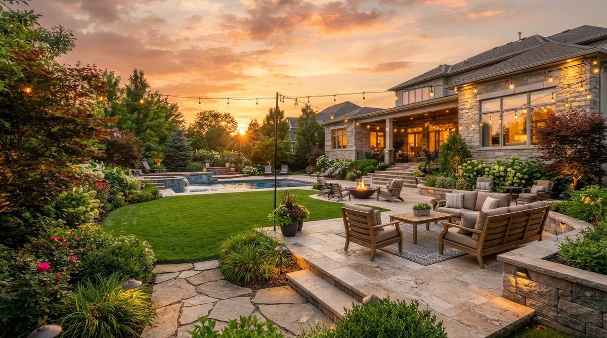 Luxury landscaped backyard at golden hour